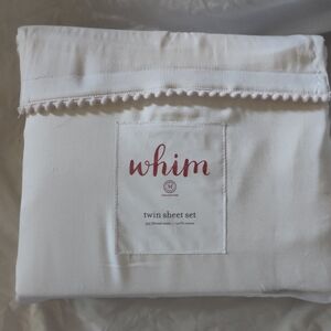 Whim Twin Sheet Set - White with pale pink Pom Trim